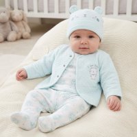 N14731: Baby Blue Bear 4 Piece Quilted Jacket & Hat Outfit (0-9 Months)